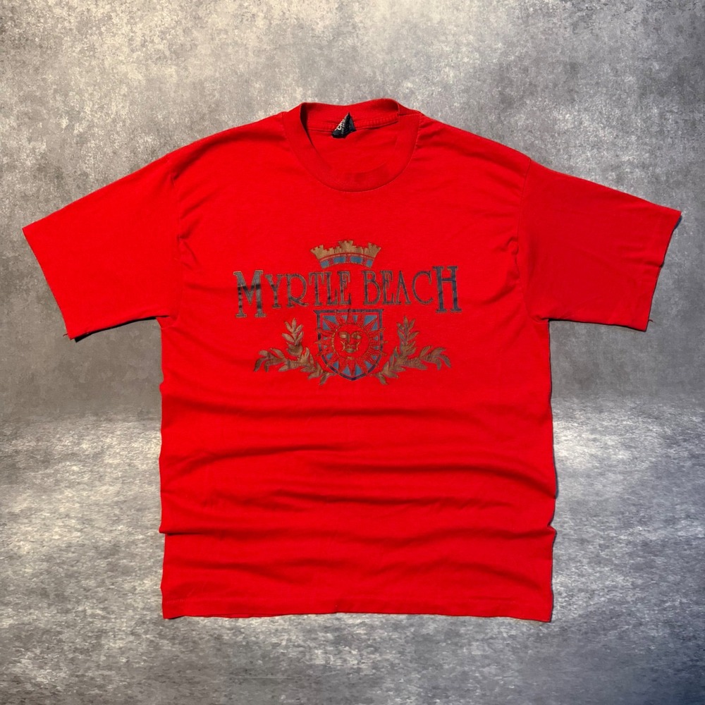 Vtg 90s Cal Cru Myrtle Beach Crest T Shirt L Red Single Stitch USA